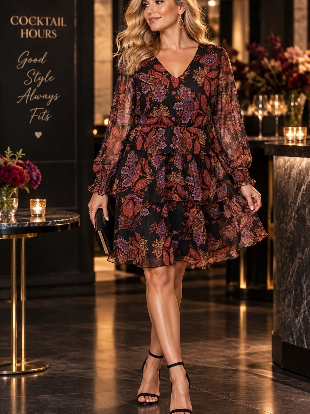 Vero Moda Floral Chiffon Cocktail Dress Size L Black Long Sleeve Tiered NWT